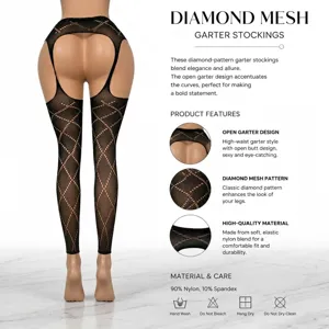 Black diamond mesh garter stockings, high waist open design for women, sexy hosiery.