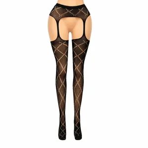 Black hollow-out fishnet garter tights for women, high elasticity and breathable material.