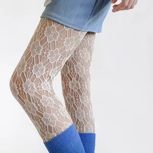 White hollow lace fishnet pantyhose sexy dance hosiery sheer tights for women club wear