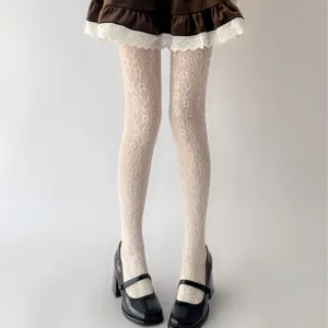 White vintage floral lace pantyhose for women, elegant hollow out vertical striped tights.