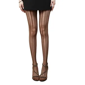 Collant a righe rosso scuro vintage da donna, calze elastiche sottili retrò Y2K.