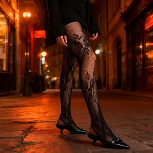 Black floral lace fishnet tights for women, vintage y2k sexy hollow out patterned stockings.