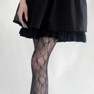 Close-up detail of black floral lace fishnet tights, showing intricate hosiery pattern.