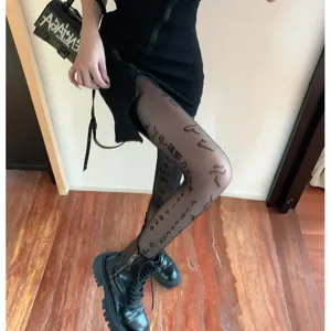 Sexy black sheer tights for women, trendy letter print sheer hosiery for clubwear parties.
