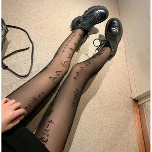 Black sheer tights for women, stylish letter printed hosiery, sexy sheer stockings.