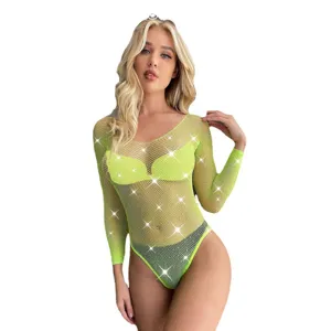 Neon groene strass mesh lange mouw bodysuit voor vrouwen sexy party clubwear outfit