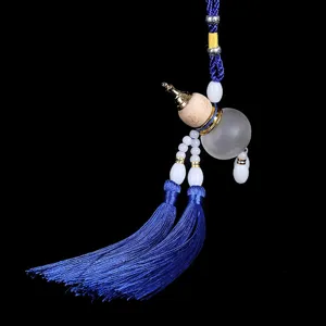 Double tassel gourd car hanging ornament, wooden and jade style interior decor pendant.