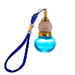 Blauer Glas-Auto-Parfüm-Anhänger mit Holzdeckel und geflochtener Schnur