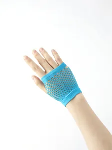 Close-up detail of bright blue fishnet gloves, showing the elastic hollow mesh texture clearly.