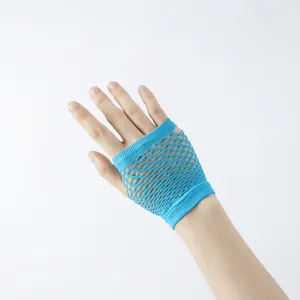 Blue short fingerless fishnet gloves, stretchy mesh gothic nightclub party hand accessories.