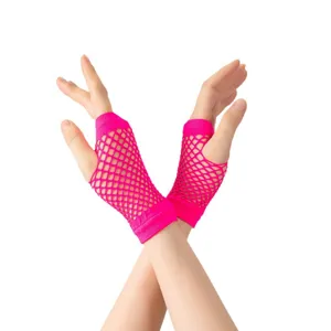 Neon pink fishnet fingerless gloves, stretchy hollow mesh design for parties and events.