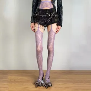 Purple lace pantyhose for women y2k style sexy sheer stockings stylish thigh high hosiery