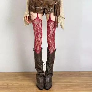 Vintage Y2K dark red lace stockings for women, sexy slim fit tights and hosiery style.