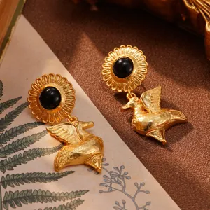 Vintage Goldene Sonnenblumen-Vogel-Ohrhänger mit schwarzen Steinen im französischen Look.