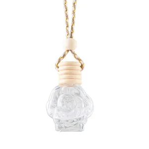 Rose shaped glass car perfume bottle with wooden cap and hanging rope for auto interior decor