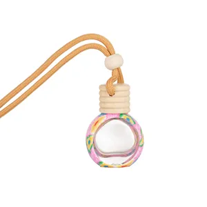 Botella de perfume para coche de arcilla polimérica floral adorno colgante con tapa de madera