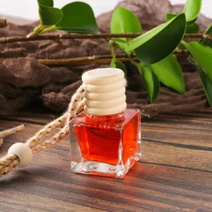 Car perfume bottle pendant, square glass diffuser bottle with wooden cap and hanging rope.