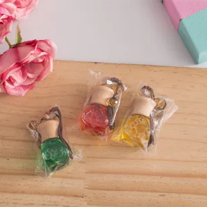 Car perfume hanging bottle glass air freshener pendant with wooden cap and colorful liquid sets