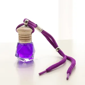 Car perfume pendant with multi-faceted purple glass bottle and wooden cap hanging decoration