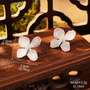 Detailed macro view of Monet style water lily enamel flower earrings with dimensions
