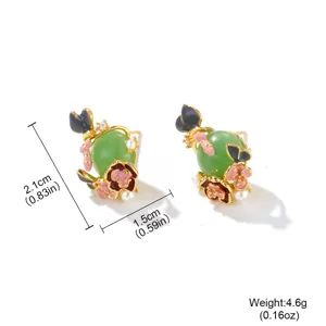 Detailed view of floral enamel earrings with green jade-style beads showing dimensions