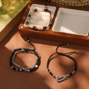 Pulsera De Cuerda Tejida De Acero De Titanio Minimalista Para Hombre Mujer Sensación De Gama Alta Cadena Geométrica De Doble Capa Cuentas De Piedra Ajustable