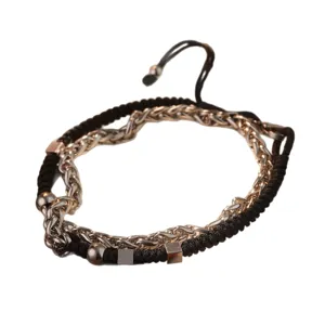 Pulsera multicapa unisex de acero de titanio y cordón trenzado negro moderno estilo chic