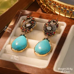 Detailed macro view of vintage turquoise palace style drop earrings in jewelry box
