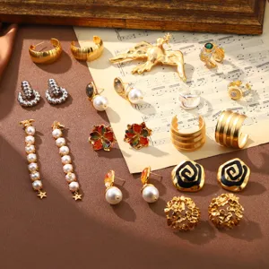 Vintage Palace Alloy Artificial Pearl Rhinestone Earrings Rings Set With 925 Sterling Silver Earring Post Geometric Jewelry For Women