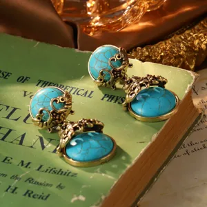 Detailed macro view of vintage turquoise drop earrings with ornate gold filigree