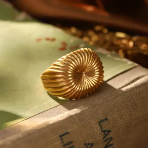 Gros plan d'une bague dorée vintage avec texture côtelée radiale sur livre ancien