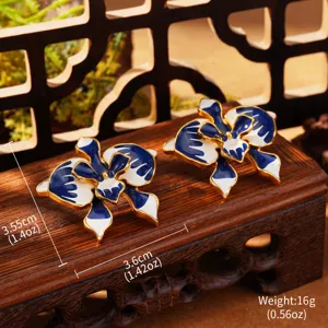 Vintage blue white enamel lily earrings Monet style floral jewelry with measurements