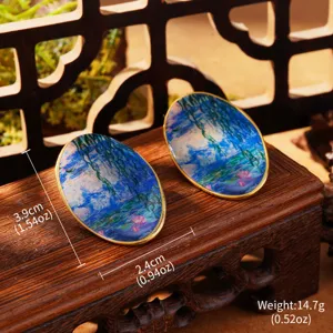 Detail of Monet water lily oil painting earrings with size and weight measurements