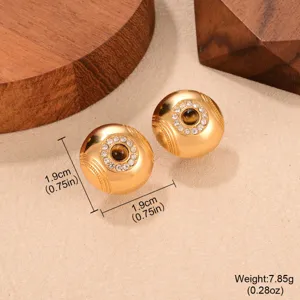Detalle de pendientes de esfera dorada vintage con piedra ojo de tigre y dimensiones.