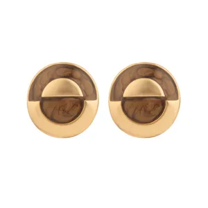 Élégantes boucles d'oreilles Maillard rondes avec finition marbrée brune et métal doré chic