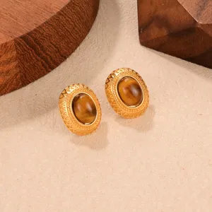 Pendientes vintage ovalados con piedra ojo de tigre natural en marco geométrico dorado
