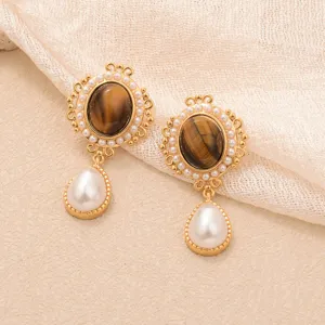 Boucles d'Oreilles Pendantes Vintage Maillard Oeil de Tigre Pour Femmes Tige Argent Sterling 925 Perle Artificielle Bijoux