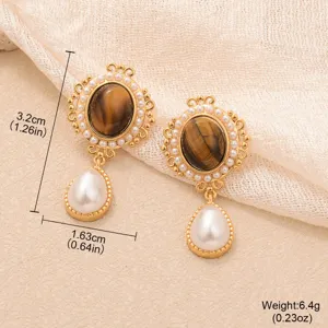 Boucles d'oreilles pendantes dorées vintage avec œil de tigre et perles gouttes
