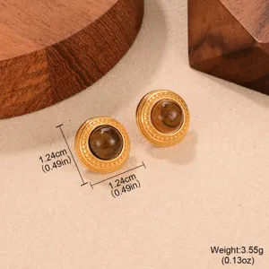 Close-up of vintage tiger eye earrings displayed with dimension and weight labels