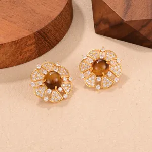 Pendientes vintage de flor ojo de tigre con cristales pavé y chapado en oro