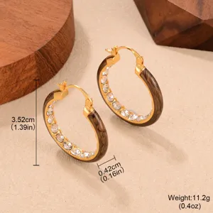 Vintage C-shaped tiger eye hoop earrings with crystal inlays and dimension labels