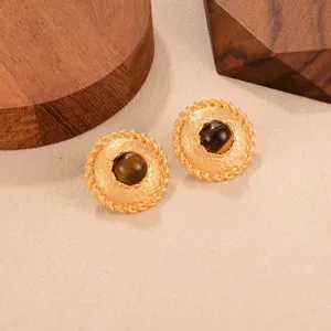 Boucles d'oreilles œil de tigre vintage avec bordure dorée torsadée et tige argent 925