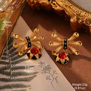 Detailansicht der Maße französischer Retro-Geometrie-Ohrringe in Gold und Rot