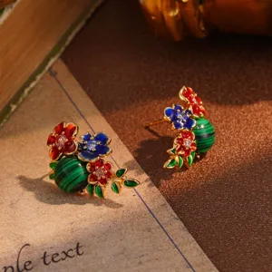 Vintage enamel floral stud earrings with malachite beads macro view
