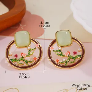 Detailed view of spring enamel flower pearl earrings with precise size and weight details
