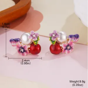 Detailed view of floral enamel earrings with dimensions 2.4x1.8cm and 9.9g weight