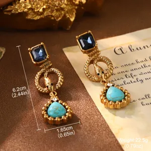 Detailed view of turquoise vintage drop earrings with measurement labels.
