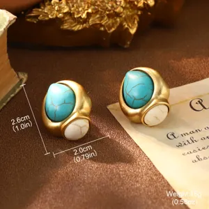 Vintage turquoise stud earrings in gold-tone setting showing detailed product dimensions