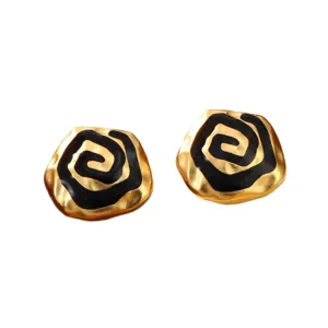 Vintage gold and black spiral enamel stud earrings, antique palace style jewelry