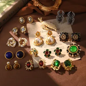 Vintage Alloy Flower Earrings With 925 Sterling Silver Post Artificial Pearl Rhinestone Brooch Ring High-End Jewelry For Women